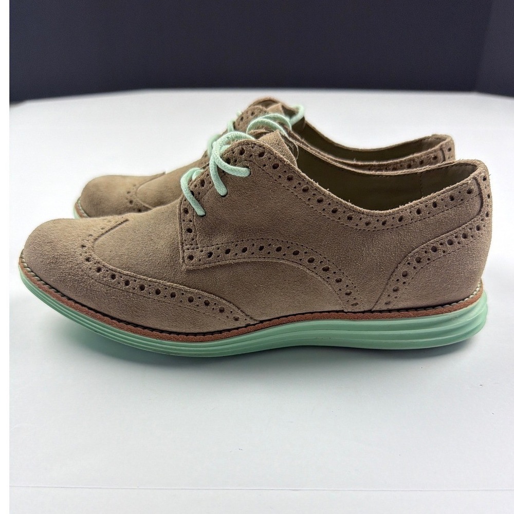 Cole Haan LunarGrand Wingtip Oxford Tan Suede Mint Green Sole Womens 6.5 B